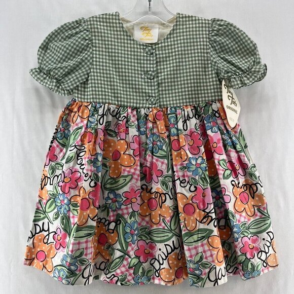 Tiny Tots Original Vintage Dress Girls Size 2T Gingham Floral Puff Sleeves Green - Picture 1 of 8